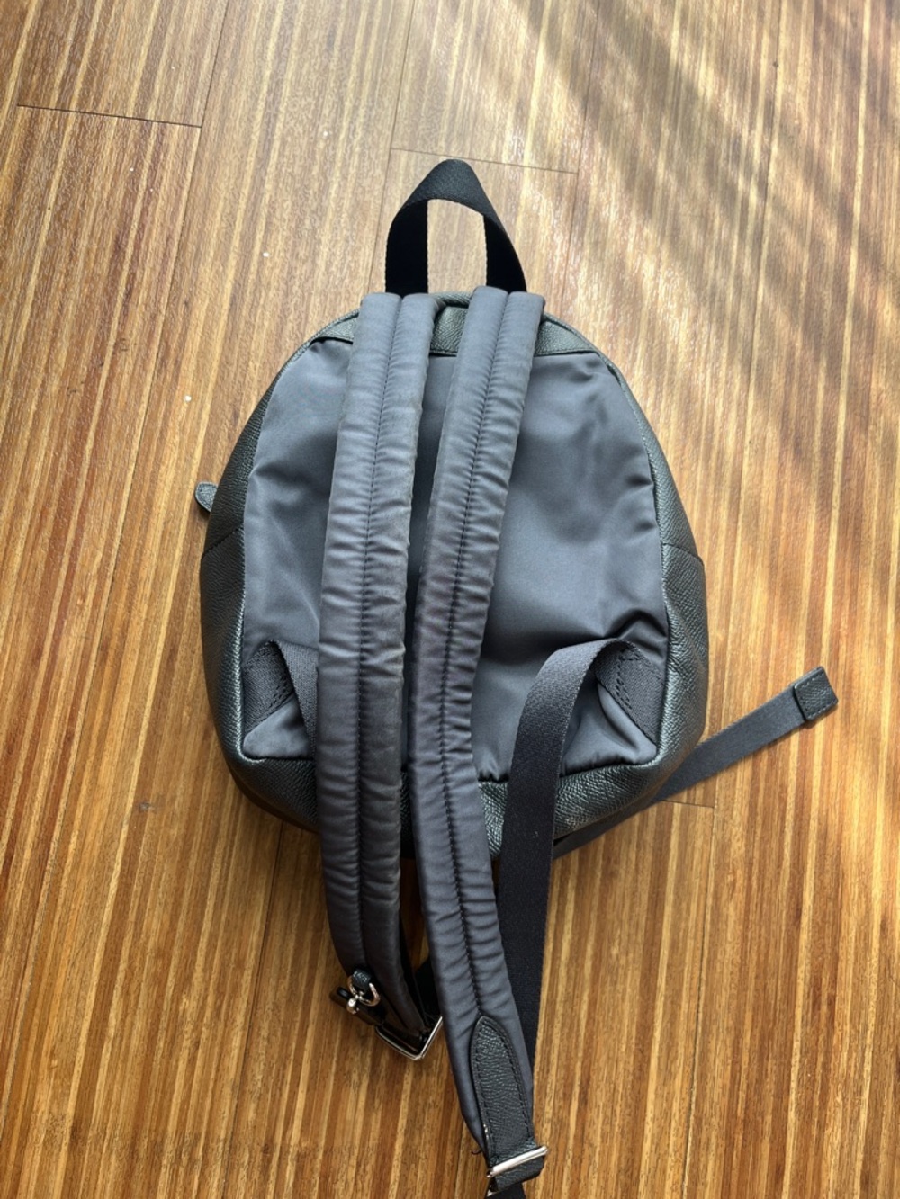 Coach Black Leather Mini Backpack with Teal Patterned Pocket - Picture 3 of 6
